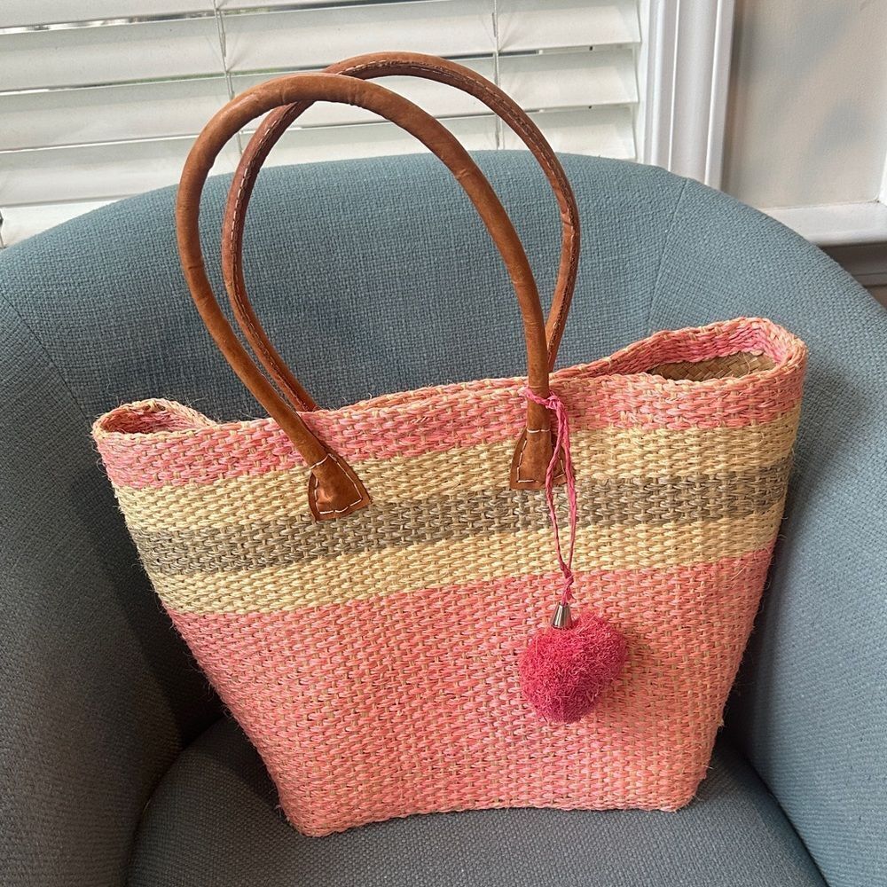 Raffia & Leather Striped Tote Beach Bag